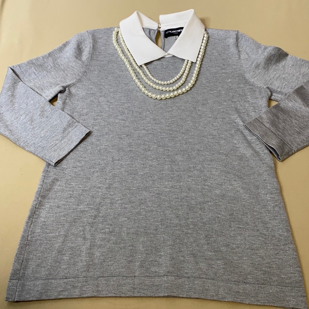 Karl Lagerfeld grey knit sweater with white collar XS NWOT